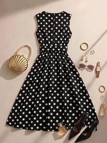 Formidée Plus Size Women's Vintage Elegant Polka Dot Print Sleeveless Belted Dress, Summer - Black and White - View 2