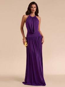 Bluhae Women's Versatile Elegant Cowl Neck Pleated Halter Tie Strap Dress - Purple - View 4