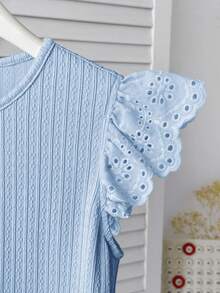 SHEIN 青少年女孩夏季休閒鏤空刺繡拼接襯衫 - 藍色 - 查看 4