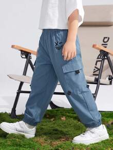 SHEIN 兒童青少年男孩休閒運動印花圖案貼布口袋寬鬆素色長褲，適合通勤、上學、日常、度假、旅行與運動 - 彩色 - 查看 6