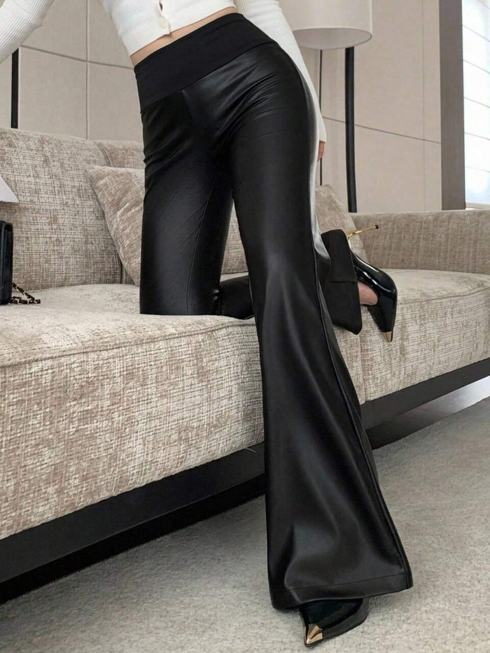 Summer Autumn New High Waist Slim Fit Solid Color Leather Fabric Flattering Flare Leg Women's Long Pants