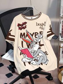 LOONEY TUNES X SHEIN 大尺碼女款字母卡通兔子印花短袖休閒T恤 - 白色 - 查看 1