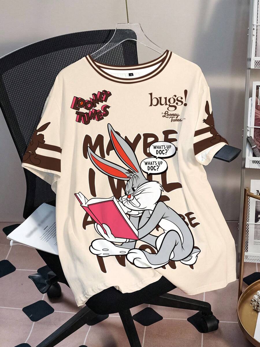 LOONEY TUNES X SHEIN 大尺碼女款字母卡通兔子印花短袖休閒T恤 - 白色 - 查看 1