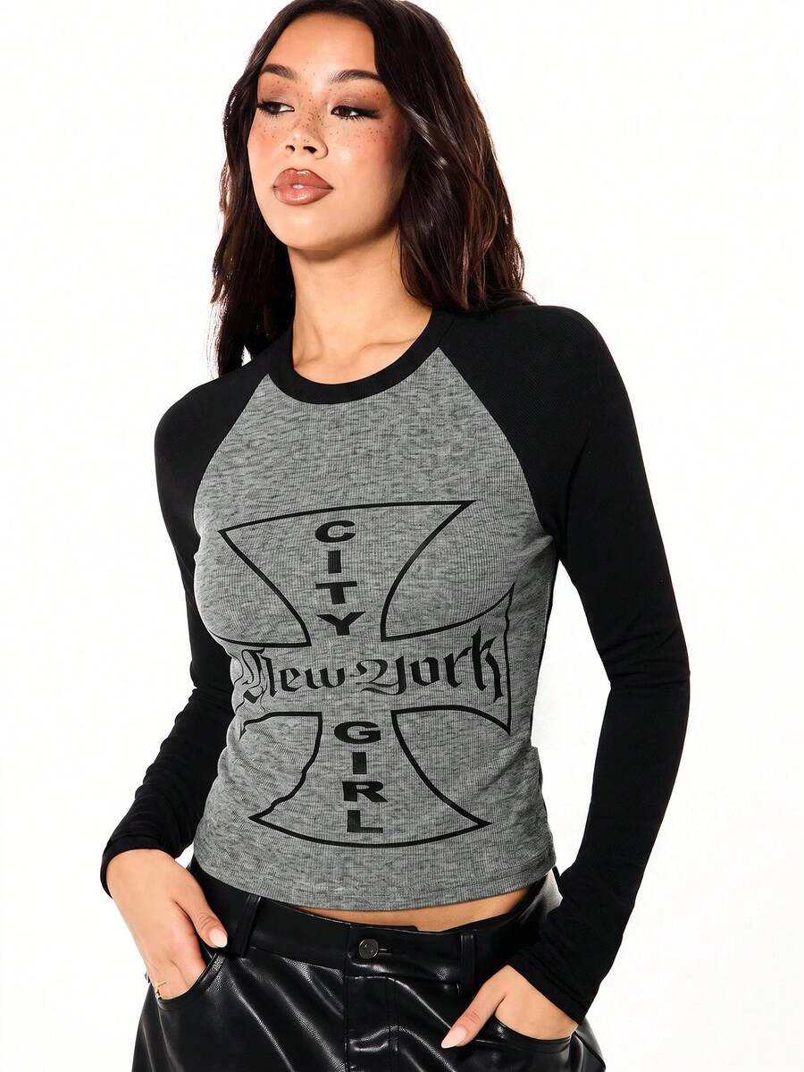 SUMWON WOMEN New York City Girl Gothic Cross Graphic Raglan Crop Top Long Sleeve Ribbed Crew Neck Two-Tone Color Block Fitted Tee - Grey - View 1