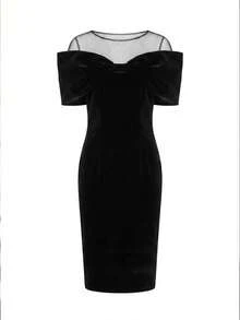 Balvessa Elegant Women's Mid-Length Dress Spring Summer Autumn Black Velvet Holiday Date Party Cocktail Banquet Bowknot Decor Mesh Patchwork - Black - View 6