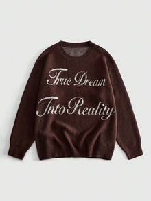 ROMWE MEN Street Life Men's Crew Neck Letter Jacquard Knit Sweater Street Fashion - Brown - View 1