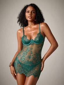 DreamPoppy 2pcs/Set Lace Underwire Sheer Sexy Nightgown - Dark Green - View 4