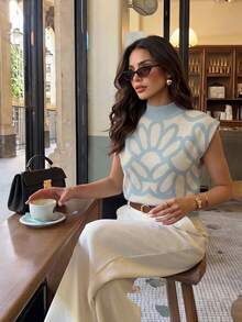 Firerie Elegant High Neck Loose Casual Versatile Sleeveless Knit Sweater Vest Top For Women, Suitable For Dating, Chic - White - View 1