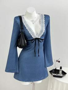 Elamini Plaid Lace Trim Tie-Front Dress - Multicolor - View 1