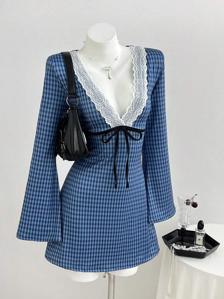 Elamini Plaid Lace Trim Tie-Front Dress - Multicolor - View 1