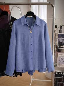Modelyn Autumn Blue Turn-Down Collar Back Pleated Waist Rope Cinched Design Long Sleeve Elegant Commute Plus Size Women's Blouse - Blue - View 3