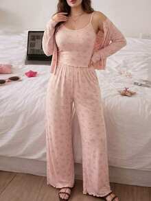 Dazy Plus 3-Piece Set Cardigan Long Sleeve Outerwear Slim Fit Camisole Straight Leg Long Pajama Pants Spring Autumn Sleepwear Outfit - Pink - View 3