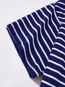 SHEIN Teen Girls Summer New Knit Striped Casual Loose Short Sleeve T-Shirt And Pants Set - Navy Blue - View 5