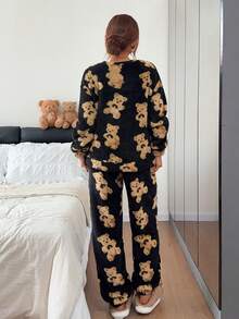 Napfluff Women's Cute Casual Bear Pattern Thick Double-Sided Fleece Loungewear 2 Pieces Set, Autumn/Winter Long Sleeve Round Neck Top And Pants Fleece 2 Pieces Set - Multicolor - View 2