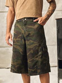 Norleigh Men's Casual Street Style Multi-Pocket Distressed Camouflage Wide Leg Denim Shorts Cargo Pants - Army Green - View 3