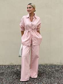 Livesso Tall Set Kemeja Longgar dan Celana Panjang Wanita Gaya Liburan Warna Pink untuk Musim Gugur - Berwarna merah muda - View 6