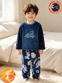 Boys Blue Plush Printed Long Sleeve Pants Casual Comfortable 2 Pieces Loungewear Set - Multicolor - View 4