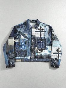 ROMWE MEN Street Life Men's Digital Pattern Casual Versatile Daily Denim Jacket - Blue - View 7