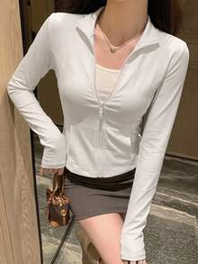 DAZY 女款休閒運動拉鍊夾克，標準版型，春秋女裝薄款外套 - 白色 - 查看 8