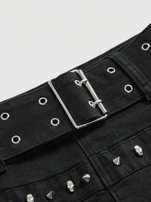 ROMWE Grunge Punk Indie Sleaze Dark Gothic Punk Metal Rivet Ring Design Fitted Bodycon Denim Skirt - Black - View 3