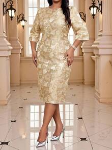 Fleurora Plus Size Women's Jacquard Round Neck 3/4 Sleeve Elegant Dress Fall - Gold - View 7