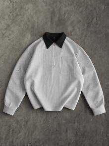 SUMWON Oversized Long Sleeve Striped Rugby Polo Shirt With Half Zip Collar And Chest Pocket Casual Pullover Top - Black and White - View 1