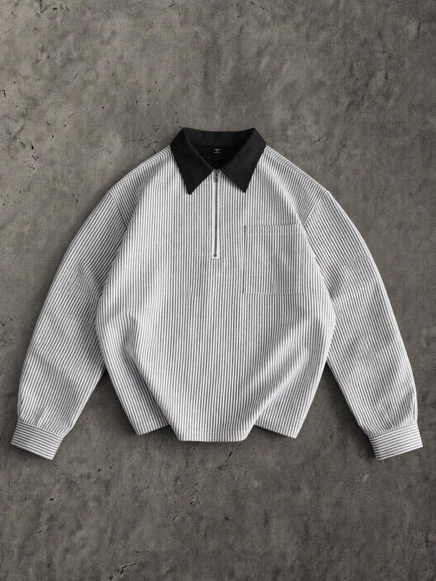 SUMWON Oversized Long Sleeve Striped Rugby Polo Shirt With Half Zip Collar And Chest Pocket Casual Pullover Top - Black and White - View 1