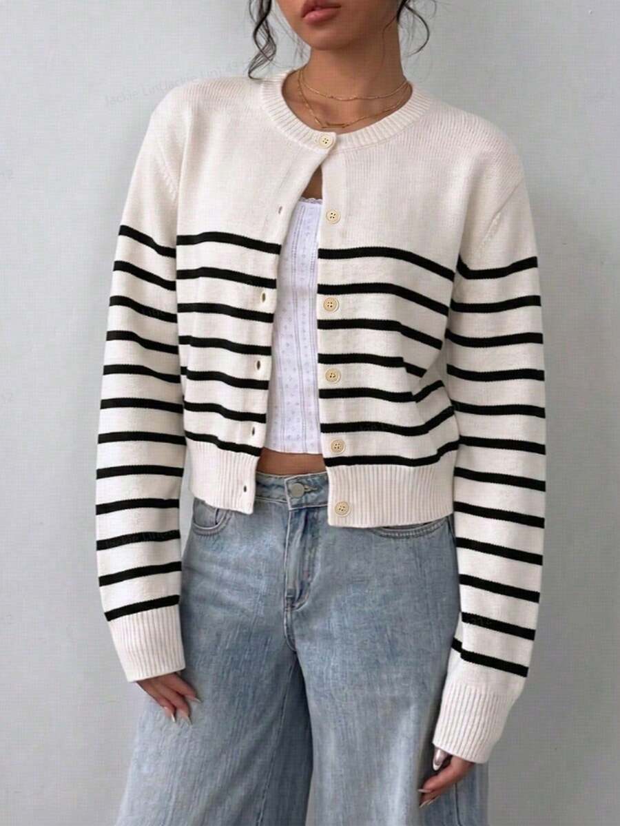 SHEIN BASICS 女款休閒法式海岸風黑白條紋針織衫 ( )，優雅秋季/約會早午餐日間、正式、辦公、工作 - 黑色 - 查看 1