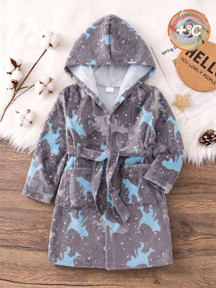 SHEIN 小男孩秋冬恐龍印花長袖連帽雙面法蘭絨居家睡袍 - 彩色 - 查看 1