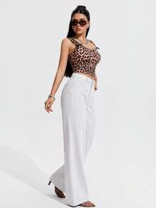 SHEIN PETITE 女款條紋直筒寬鬆休閒百搭牛仔褲 - 白色 - 查看 7
