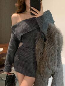 Dazy Tall Women's Off-Shoulder Off-Shoulder Long Sleeve Elegant Short Sweater Dress - Dark Grey - View 8