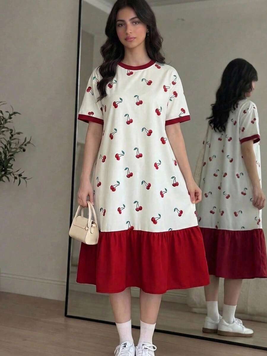 青少年女孩休閒可愛簡約短袖中長洋裝,適合春夏,瓶女正式白色 - 彩色 - 查看 1