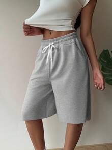 SHEIN EZwear 女士休闲灰色针织阔腿百慕大短裤，带口袋 - 灰色 - 查看 6