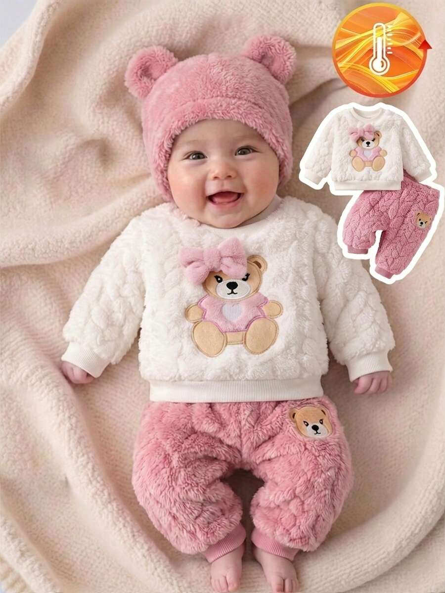 SHEIN Abbigliamento per neonati Autunno/Inverno Nuovo Set 2 Pezzi Felpa Dolce e Carina & Pantaloni Lunghi Morbidi Rosa con Motivo Testa di Orso Carino Set di Abbigliamento per Bambini - Rosa Baby - Visualizzare 1