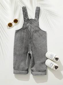 Cozy Pixies Baby Boy Summer Bear Embroidery Pocket Denim Bib Pants - Light Grey - View 3