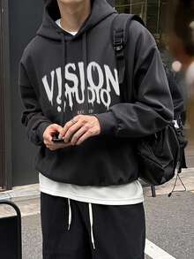 DAZY Autumn/Winter Thermal Lined Dark Gray & White Letter Print Loose Fit Cropped Hoodie For Men - Dark Grey - View 4
