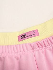SHEIN Tween Girl 2件組套裝 針織條紋休閒運動連帽拉鍊長袖外套與配色拼接Logo直筒寬腿針織長褲套裝，淡黃色與粉紅色，Y2K風格 - 黃色 - 查看 4