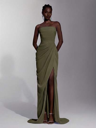 Elitara Elegante y lujoso vestido de sirena sexy sin tirantes de satén con pliegues, abertura y lazo en la espalda, adecuado para bodas, despedidas de soltera, vacaciones, baile de graduación y gala nocturna