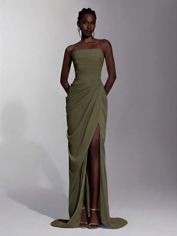 Elitara Elegant Luxurious Sexy Strapless Satin Ruched Slit Back Tie Mermaid Dress Suitable For Wedding Events, Bachelorette Party, Vacation, Prom, Evening Gala