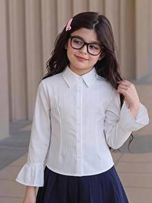 Firerie Kids Firerie Kids 少女女孩提花白色長袖襯衫，早秋白色上衣：蝴蝶結彼得潘領，學院風 - 白色 - 查看 3