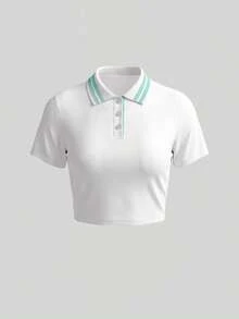 Sweetra Women's Striped Cropped Short Sleeve Polo Shirt - White - View 1