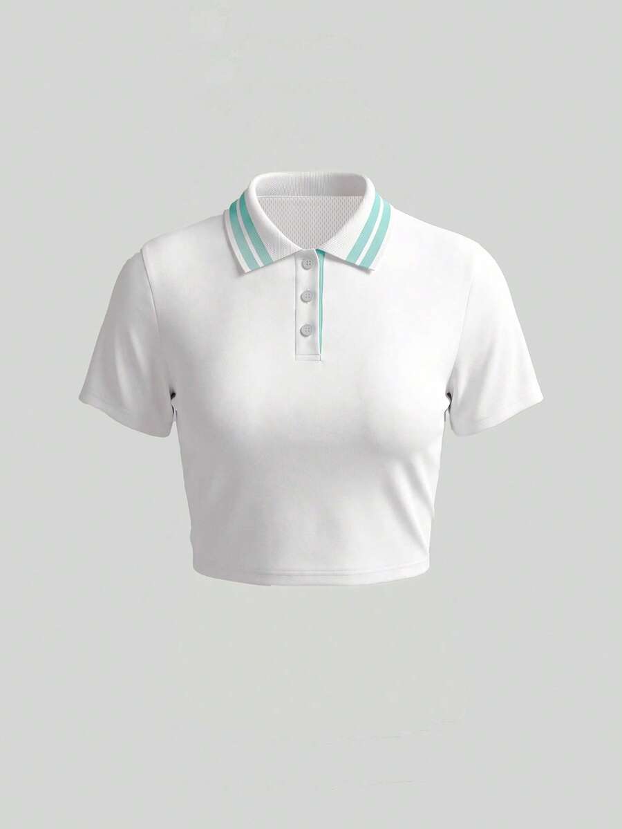 Sweetra Women's Striped Cropped Short Sleeve Polo Shirt - White - View 1