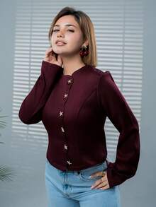 SARA VAULT Women's Fashionable Commuter Elegant Starfish Button Burgundy And Gold Shirt,Autumn, Clothes For Women Dinner - Burgundy - View 3