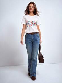 Dayvera Women's Faux Embroidery Print Casual Summer T-Shirt,Going Out Tops,White Top - White - View 6