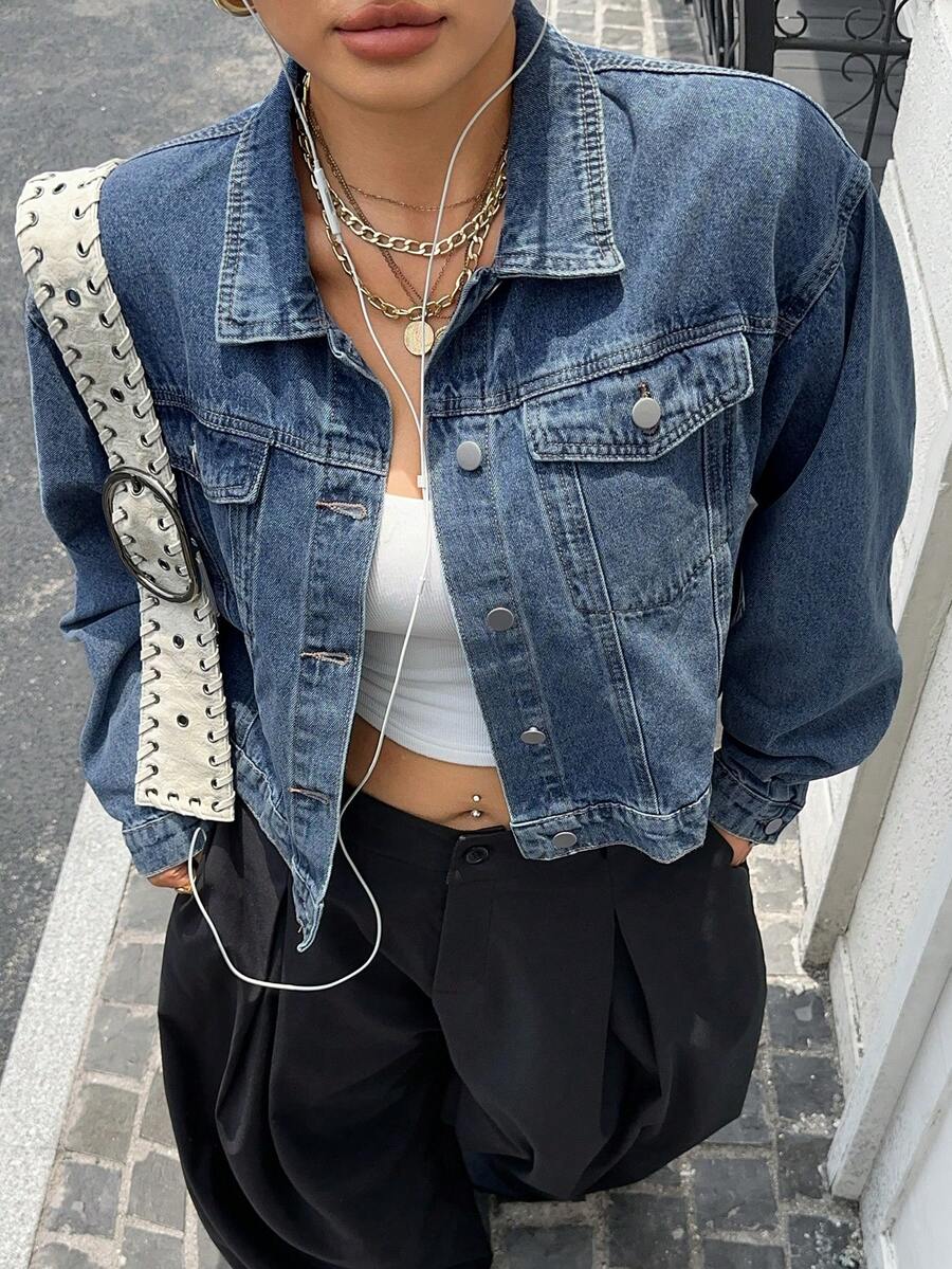 Dazy Plus Vintage Washed Western Cowboy Loose Long Sleeve Turn Collar Denim Jacket Coat Spring Autumn - Medium Wash - View 1
