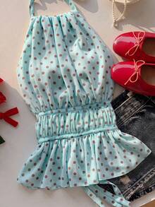 SHEIN EZwear 度假多巴胺薄荷綠波點印花百褶掛脖收腰露背綁帶背心上衣，秋季上衣，適合日常通勤、聚會、秋冬/夏季、聖誕節、新年、感恩節、派對、婚禮、海灘、畢業典禮、優雅、外出、約會、通勤、情人節、優雅、度假、Y2K、畢業典禮 - 彩色 - 查看 6