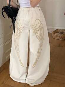 Dazy Plus Wing Print Design Loose Curved Leg Long Denim Pants All Season Cute Tops - Apricot - View 1