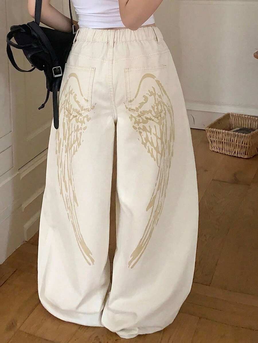 Dazy Plus Wing Print Design Loose Curved Leg Long Denim Pants All Season Cute Tops - Apricot - View 1