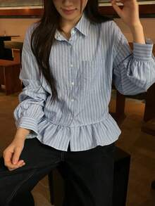 DAZY Women's Korean Style Versatile Button-Up Ruffle Hem Blouse - Blue - View 4