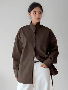 Dazy Tall Women's Waist-Cinching Long Sleeve Button-Down Urban Casual Elegant Blouse Fall - Brown - View 4